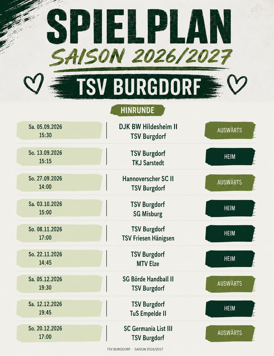 .Endlich geht es wieder los! 🤩 Hier findet ihr unsere Spiele der Saison 2026/2027 auf einen Blick.Wir freuen uns auf viele spannende Spiele und eure Unterstützung! 🙌💚