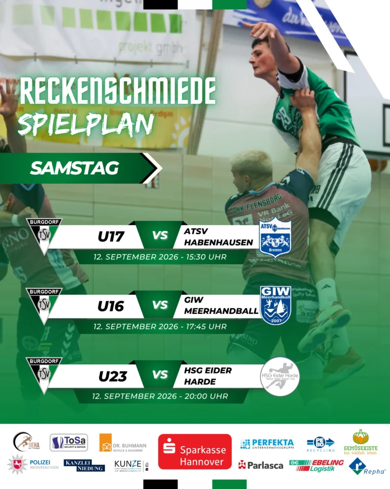 🔥 𝗩𝗢𝗟𝗟𝗘𝗦 𝗛𝗔𝗡𝗗𝗕𝗔𝗟𝗟-𝗪𝗢𝗖𝗛𝗘𝗡𝗘𝗡𝗗𝗘!Unsere Teams sind dieses Wochenende wieder im Einsatz! Heute dreimal zuhause, morgen zweimal auswärts! 💪🏠 𝗦𝗔𝗠𝗦𝗧𝗔𝗚 | RECKENSCHMIEDE👉 15:30 UhrU17 🆚 juge