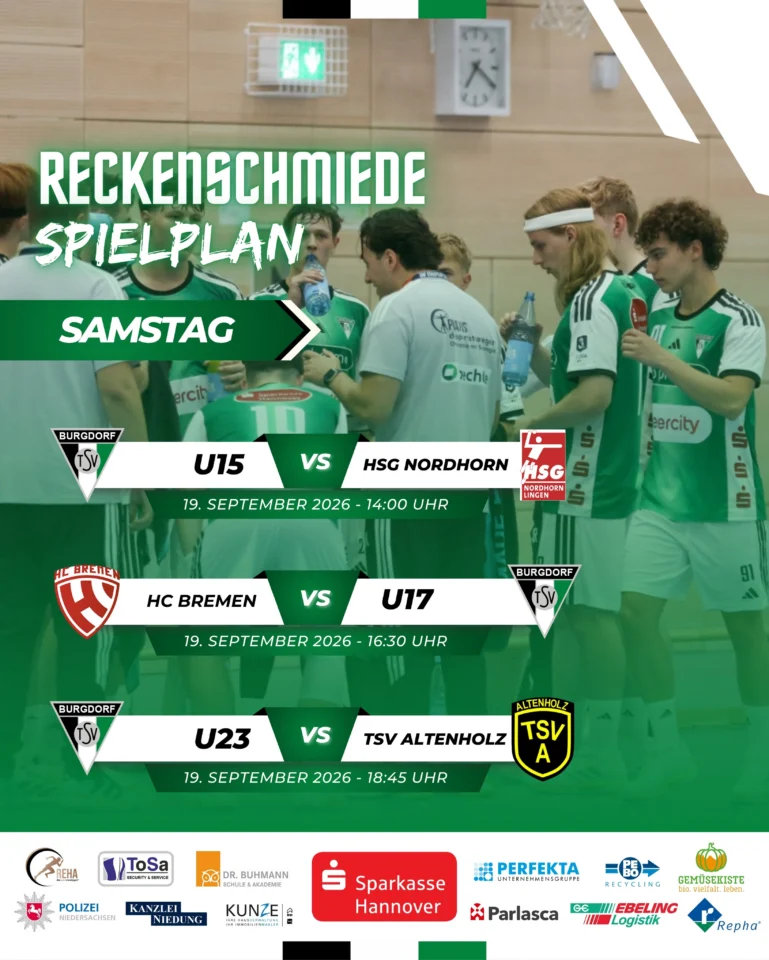 🔥𝗗𝗜𝗘 𝗡Ä𝗖𝗛𝗦𝗧𝗘𝗡 𝗦𝗣𝗜𝗘𝗟𝗘 𝗦𝗧𝗘𝗛𝗘𝗡 𝗔𝗡!Fünf Teams. Zwei Tage. Jede Menge Handball.🟢 SAMSTAG👉 14:00 UhrU15 🆚 hsgnordhornmc1 👉 16:30 Uhrhcbremen.talents 🆚 U17👉 18:45 UhrU23 🆚 wolfsrudel1948