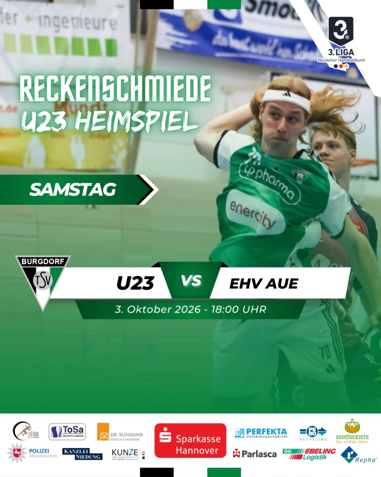 🏠 𝗛𝗘𝗜𝗠𝗦𝗣𝗜𝗘𝗟 𝗙Ü𝗥 𝗨𝗡𝗦𝗘𝗥𝗘 𝗨𝟮𝟯! 💪Am morgigen Samstag, 3. Oktober, empfängt unsere U23 den ehv.aue zum nächsten Heimspiel in der 3. Liga! 🔥🆚 EHV Aue📅 03.10.2026⏰ 18:00 UhrKommt vorbei,