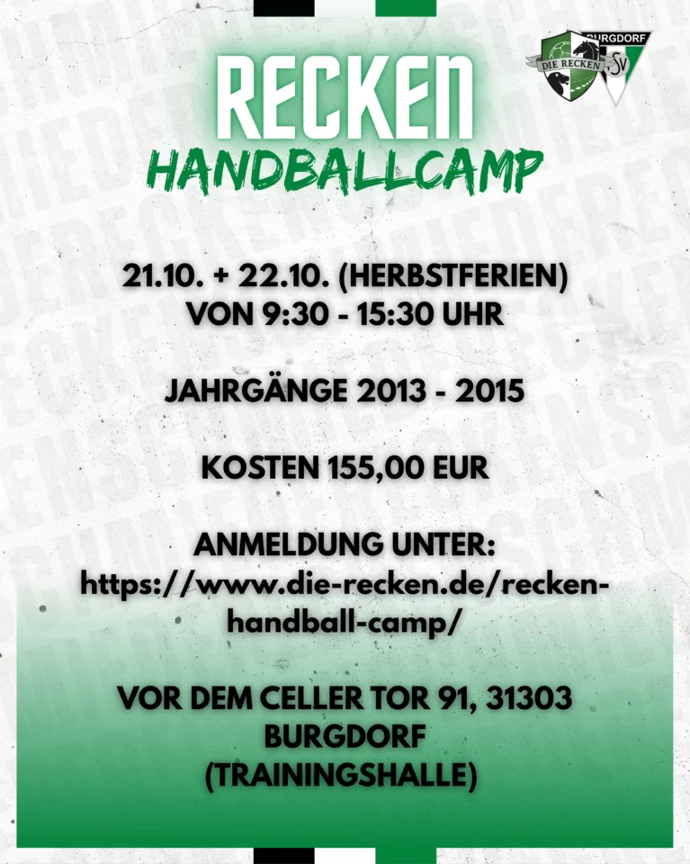 𝗥𝗘𝗖𝗞𝗘𝗡 - 𝗛𝗘𝗥𝗕𝗦𝗧 - 𝗛𝗔𝗡𝗗𝗕𝗔𝗟𝗟𝗖𝗔𝗠𝗣 𝟮𝟬𝟮𝟲Du bist 𝗥𝗘𝗖𝗞𝗘𝗡-Fan und möchtest am diesjährigen 𝗥𝗘𝗖𝗞𝗘𝗡 - 𝗛𝗘𝗥𝗕𝗦𝗧 - 𝗛𝗔𝗡𝗗𝗕𝗔𝗟𝗟𝗖𝗔𝗠𝗣 teilnehmen? Es wird am Mittwoch, 21.10. und Donnerstag 22.10. jew